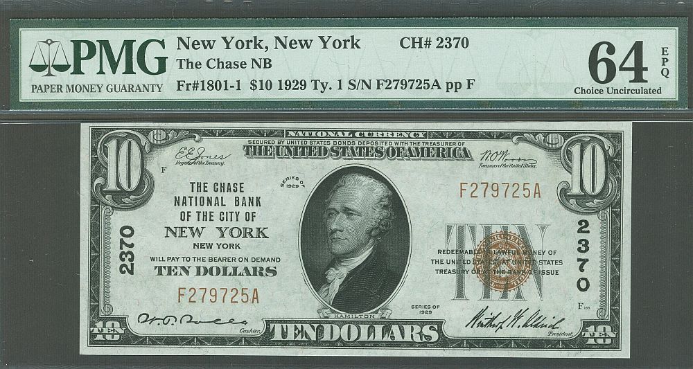 New York, New York, Charter #2370, Chase NB, 1929T1 $10, F279725, PMG64-EPQ